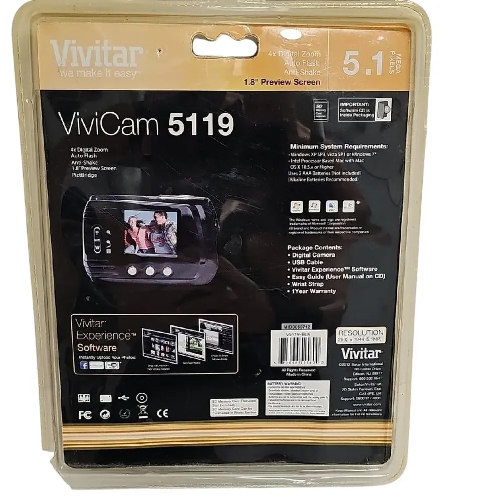 Vivitar Black Vivicam 5119 Digital Camera 5.1 MP 4X Digital Zoom View Screen NEW